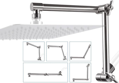 G-Promise 13 Inch Shower Head Extension Arm, Solid Brass Height & Angle Adjustable Extender, Rise or Lower Rainfall and Fixed Shower Head (Brushed Nickel)