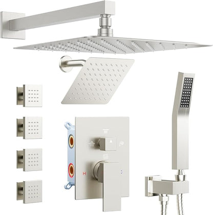 Shower Systems with 4 Body Spray Jets, STARBATH 4 Way 12+6" Rainfall Shower Head with Handheld Combo, Wall Mounted Shower Jets System in Wall Shower Faucet Sets Complete, Brushed Nickel