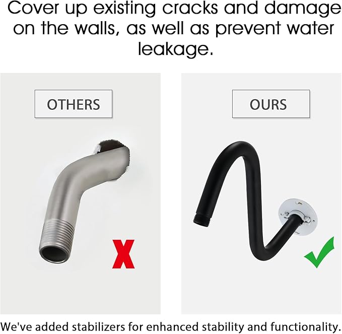 Shower Head Arm 10 Inch Matte Black, S Shaped Shower Head Extender Arm with Flange and Stabilizer