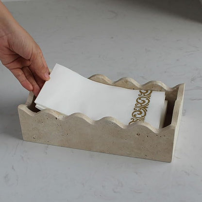 Natural Travertine Guest Towel Holder 9.8" × 4.9" for Bathroom, Rectangular Napkin Holder with Scalloped Edge, Tissue Hand Towel Tray for Dinner Table, Countertop Bathroom Vanity