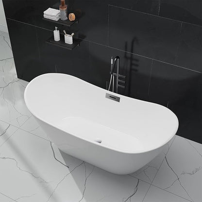 59 in Acrylic Freestanding Bathtub, Contemporary Stand Alone Tub,Glossy White Soaking Tub,with Chrome Overflow and Drain, CUPC Certified