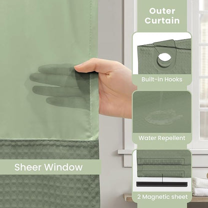 Inhousolu No Hook Shower Curtain with Snap in Fabric Liner Set Waffle Weave 230GSM Weighted Hem, Waterproof & Washable Bathroom Curtain Spa Luxury with Mesh Top Window 72" W x 72" L Sage Green