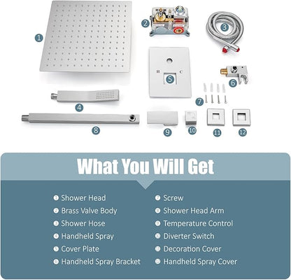 Aolemi Shower Faucet Set Rain Shower System with Handheld Spray Bathroom Shower Combo Rough-in Valve and Shower Trim Kit Included Polish Chrome 12 Inch Wall Mount Shower Head