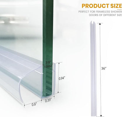 Bathroom Shower Glass Door Bottom Seal Strip, 2PCS 36 Inch Long Clear PVC Seal Strips for 3/8"(10mm) Thick Framless Glass Door Panel