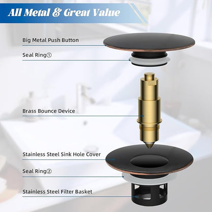 Hibbent 2 Pack All Metal Upgraded Bathroom Sink Stopper, Universal Pop Up Sink Drain Strainer, Brass Bullet Core Push Type Stopper for 1.1''~2.3''' Basin, Anti Clogging Filter, Oil-Rubbed Bronze