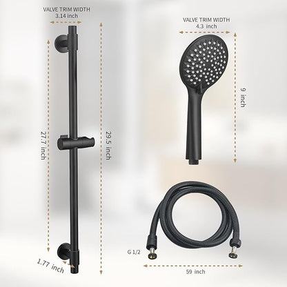 Adjustable Shower Slide Bar with 5-Function Handheld Shower Head, Stainless Steel Grab Slide Bar Combo with Extra Hose (Matte Black)