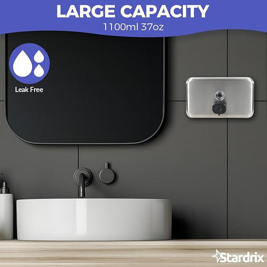 Heavy Duty Stainless Steel Wall Mount Soap Dispenser, 1100ml/37oz, with Corrosion Proof Lining and Anti-Leak Pump for Commercial & Home Bathroom Kitchen (Horizontal)