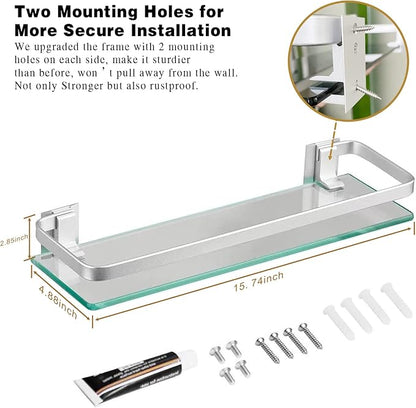VOLPONE Bathroom Wall Shelf 15.7in Bathroom Glass Shelves Wall Mount Glass Shelf Rustproof Bathroom Wall Organizer 3 Tier (Sliver)
