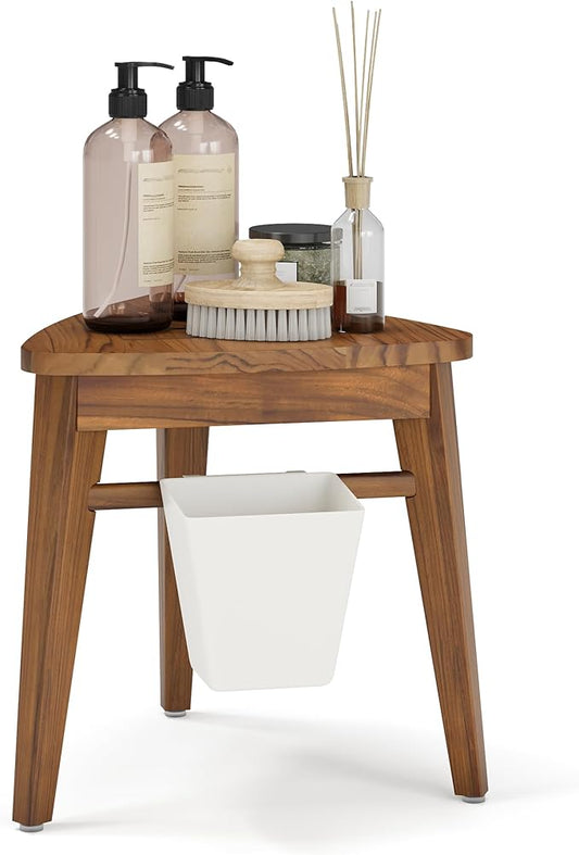 12.4“ Tall Small Teak Shower Stool for Shaving, Waterproof Corner Foot Rest with Storage Basket, Space-Saving Design for Compact Showers