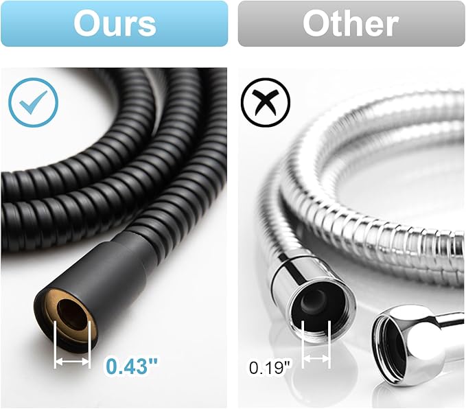 OFFO Shower Hose High Flow 0.43” Large Bore, 120 in Kink Free Stainless Steel Shower Head Hose Replacement G1/2”, Leak-proof Extra Long Flex Handheld for Pet Bathing Cleaning, Matte Black
