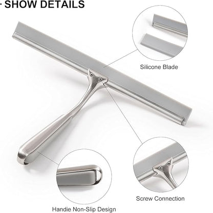 Shower Squeegee for Shower Doors 10 Inch Bathroom Squeegee for Windows,Kitchen,Mirror and Car Glass, Stainless Steel with Adhesive Hook