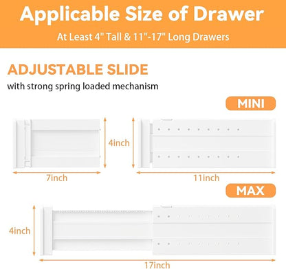 REBECAT 12 Pack Drawer Dividers for Clothes Adjustable Drawer Dividers 4" High Expandable from 11"-17" for Dresser Baby Clothes Bathroom Bedroom Kitchen and Office Storage，White