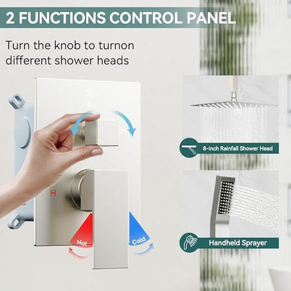 Shower Faucet Set Brushed Nickel Shower System, Starbath 8" Rain Shower Head and Handheld Spray Shower Set Complete Ceiling Mounted,2 Way Pressure Balance Shower Valve and Trim Kit Included