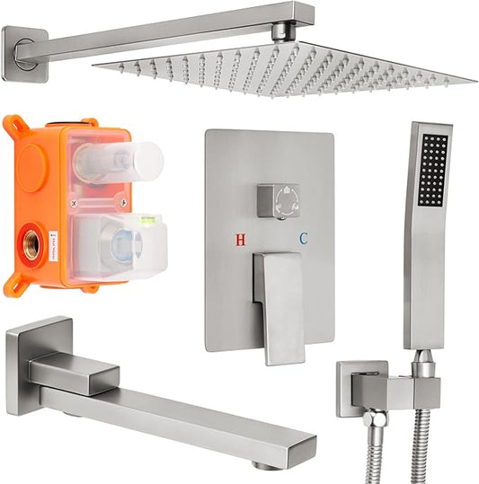 12 inch Square Shower Head and Handheld Set, Gasecoet Shower System with Tub Spout Wall Mounted Shower Faucet for Bathroom - Brushed Nickel (With Shower Valve)