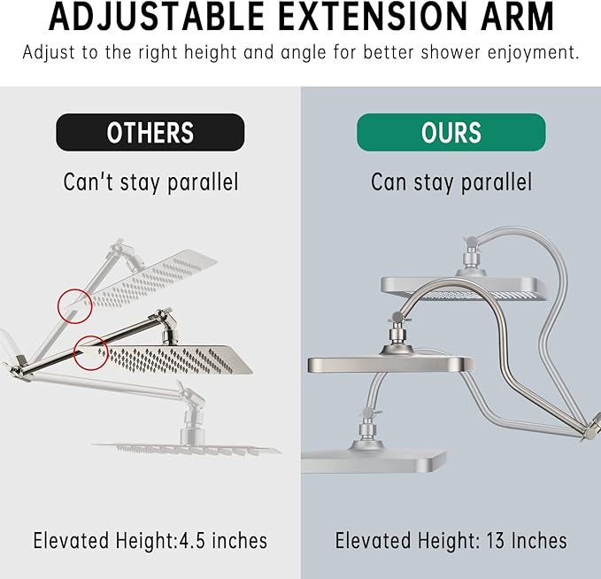 13 Inch Rainfall Shower Head with Multi-Function Handheld Sprayer Combo, 3-Way Metal Extended Diverter with Holder and Metal Adjustable Curved Shower Extension Arm, Extra Long Hose Brushed Nicke