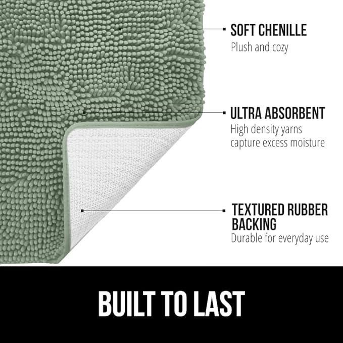 GORILLA GRIP Bathroom Rug Sets 3 Piece, Bath Mat Set and Oval Toilet Base with Rubber Backing, Plush Absorbent Shaggy Chenille Washable Mats, Includes 24x19.5, 24x17 and 36x24 Inch Rugs, Sage