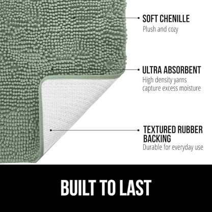 GORILLA GRIP Bathroom Rug Sets 3 Piece, Bath Mat Set and Oval Toilet Base with Rubber Backing, Plush Absorbent Shaggy Chenille Washable Mats, Includes 24x19.5, 24x17 and 36x24 Inch Rugs, Sage