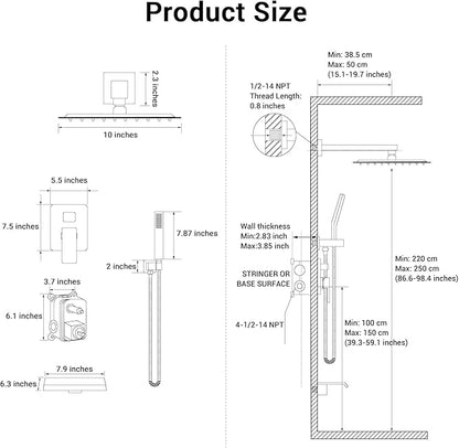 Rain Shower Faucet Set Wall Mounted Rainfall with Tub Spout Shower Head System Rough-in Valve Body and Trim Included Brush Gold (10 Inches)
