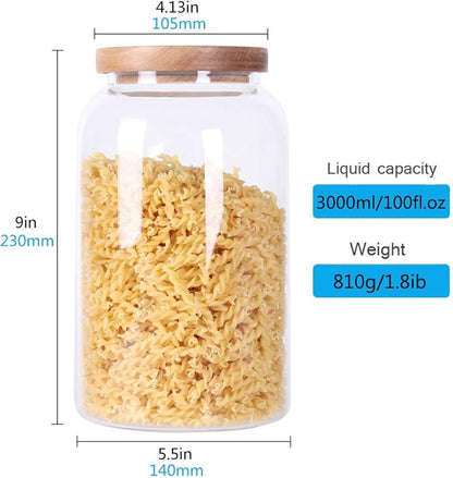SAIOOL Modern Design Transparent Glass Food Storage jars, Food storage containers glass,100FL OZ(3000ml) Enlarged Thickened with Sealed Wooden Lid to Store Food, herbs, Tea, Easy to Use and Clean