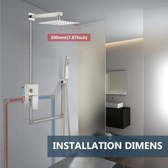 Aolemi Shower Faucet Set Rain Shower System with Handheld Spray Bathroom Shower Combo Rough-in Valve and Shower Trim Kit Included Brushed Nickel 8 Inch Wall Mount Shower Head