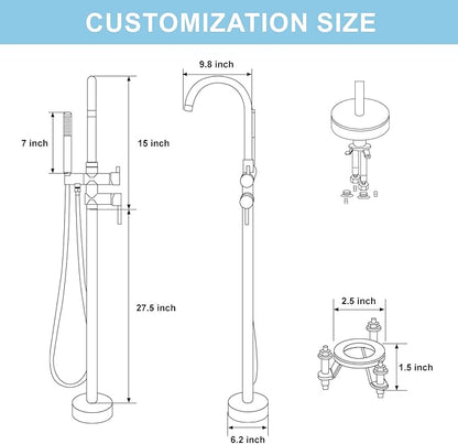 Freestanding Bathtub Faucet, Floor Mount Bathtub Faucet with 2 Water Outlet Modes, Swivel Gooseneck Spout with Hand Shower, Brass Single Handle Tub filler, Max Flow Rate 7.4 GPM, Matte Black