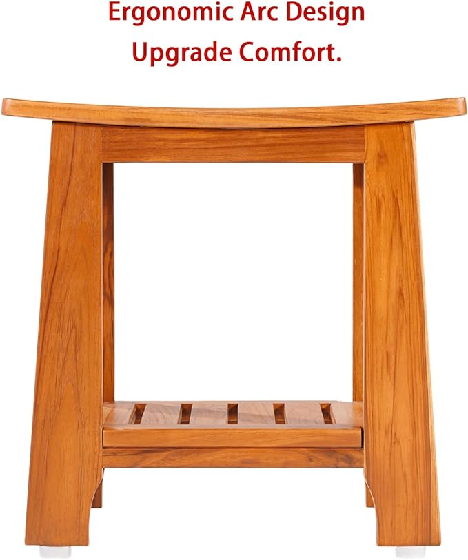 24" Large Teak Shower Bench with Shelf & Handle - Waterproof Spa Stool, Non-Slip Leveling Feet & 300 lbs Capacity - for Showers, Saunas/Steam Rooms & Outdoor Pools (Patented)