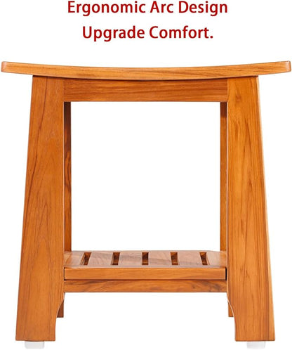 24" Large Teak Shower Bench with Shelf & Handle - Waterproof Spa Stool, Non-Slip Leveling Feet & 300 lbs Capacity - for Showers, Saunas/Steam Rooms & Outdoor Pools (Patented)