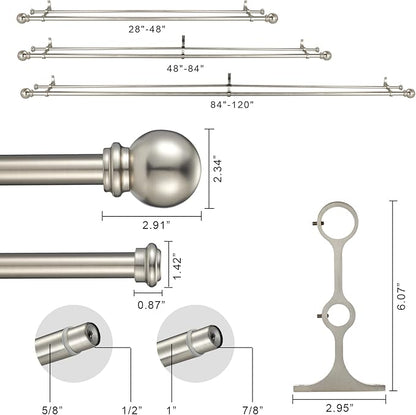 Double Curtain Rod 28 to 48 inch, Adjustable 1 inch Double Drapery Rod Rods for Windows and Doors with Ball Round Finials and Premium Aluminum Brackets Set (28-48",Brushed Nickel)