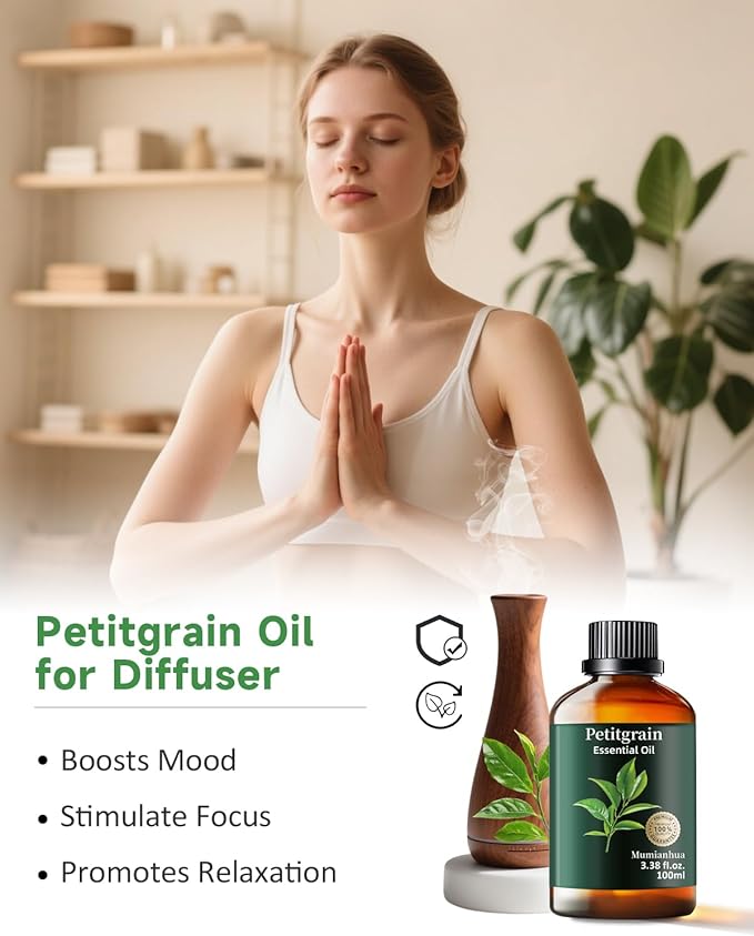 Pure Petitgrain Essential Oil for Bedtime Serenity, Evening Relaxation & Pillow Mist, Mumianhua Natural Citrus-Woody Aroma for Diffuser, Skin,Hair Care, Calming Blends, Soap, Candle Making 3.38 Fl Oz