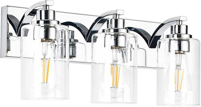 3-Light Bathroom Light Fixtures Modern Chrome Vanity Lights for Bathroom Lighting Fixtures Over Mirror with Clear Glass Shade for Cabinet Mirror Bedroom Hallway