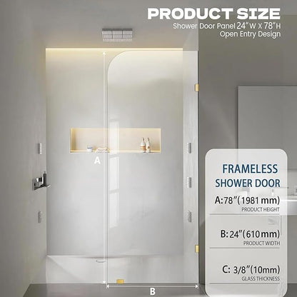 Bathroom Shower Door, 24" W ×78" H Fixed Shower Glass Panel with Clamps, 3/8" (10mm) Glass Shower Doors, Clear Tempered Frameless Shower Panel in Brushed Gold