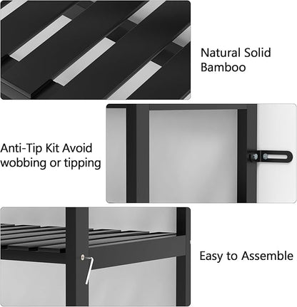VASMIA 6-Tier Bamboo Shelf,Bamboo Storage Shelving Unit,Tall Bookcase with Adjustable Shelves,Multipurpose Storage Display Shelf for Bathroom, Living Room, Balcony, Kitchen,Black