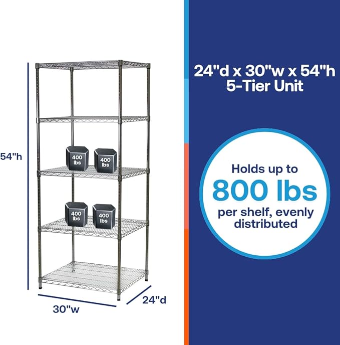 SI 24"d x 30"w x 54"h Chrome Wire Tiered Shelving Unit with 5 Adjustable Shelves, 600lbs Capacity Each, Silver