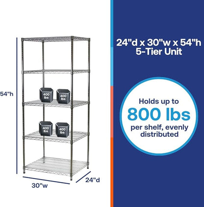 SI 24"d x 30"w x 54"h Chrome Wire Tiered Shelving Unit with 5 Adjustable Shelves, 600lbs Capacity Each, Silver
