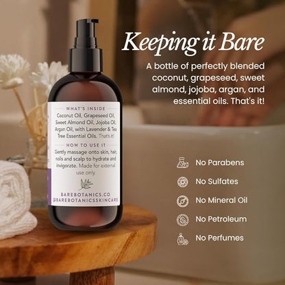 BARE BOTANICS 8 oz Moisturizing Lavender Tea Tree Body Oil - 100% Pure & Natural for Skin & Nails - Perfect for Moisturization - Vegan, Cruelty Free & Naturally Scented Hair Oil