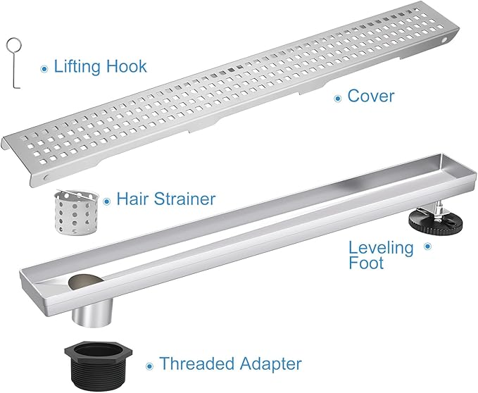 Offset Linear Shower Drain, Shower Drain 36 inch with Removable Grate Cover, Professional AISI 304 Stainless Steel Side Outlet Shower Floor Drain with Hair Catcher and Leveling Feet