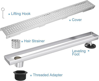 Offset Linear Shower Drain, Shower Drain 36 inch with Removable Grate Cover, Professional AISI 304 Stainless Steel Side Outlet Shower Floor Drain with Hair Catcher and Leveling Feet