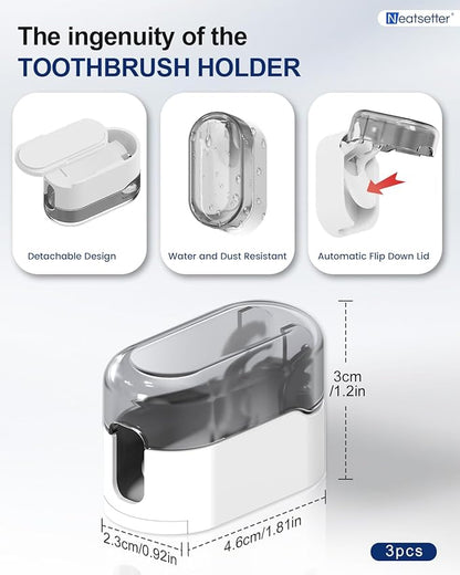 Toothbrush Holder with Auto-Close Cover – Waterproof, Dust-Proof Tooth Brush Hanger Rack for Electric Toothbrushes, 3-Pack No Drill Wall-Mounted Toothbrushes Organizer - Grey