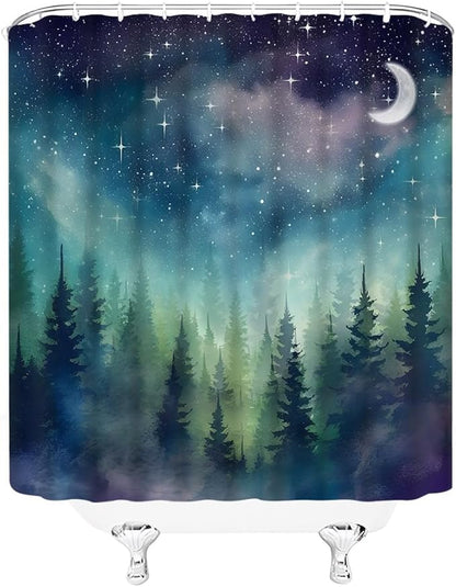Forest Moon Shower Curtain Watercolor Misty Forest Fantasy Starry Sky Galaxy Nature Gothic Scenery Abstract Outdoor Bathroom Decor Curtains with Hooks, Purple 70" L x 78" W
