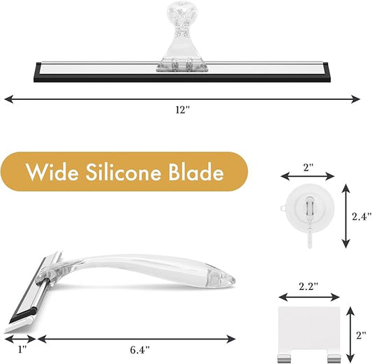 AmazerBath Shower Squeegee for Glass Doors, All-Purpose Squeegee with Suction Hook & Adhesive Hook, Clear Squeegee for Shower Glass, Windows, Mirrors, Tiles and Car Windows - 12 Inches, Clear