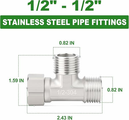 TAISHER 2PCS 304 Stainless Steel 3 Way Right Flexible Movable Tee Connector, 1/2" Male for Sprayer, Angled Valve, Shower Arm