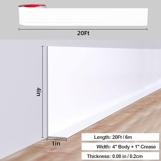 Duzzy Flexible Baseboard Molding Trim, 5 Inch(W) x 20 Feet(L) Peel and Stick Rubber Wall Trim Molding, Self-Adhesive Vinyl Wall Base Cove Base