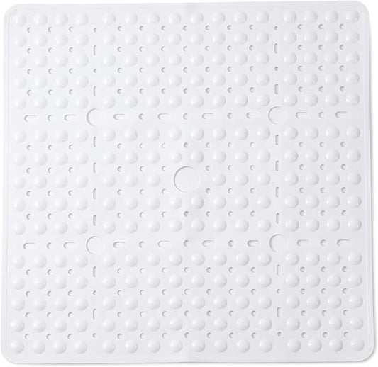 ENKOSI Square Shower Mat 27x27 inch - Large Anti Slip Bathroom Shower Stall Mats for Smooth Shower Floors - Square Bath Mat with Strong Secure Suction Cups and Drain Holes in Middle (White 27x27)