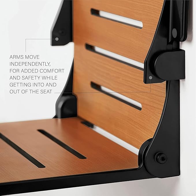 Seachrome Silhouette Comfort Folding Wall Mount Shower Bench Seat with Arms, White Seat with Matte Black Frame