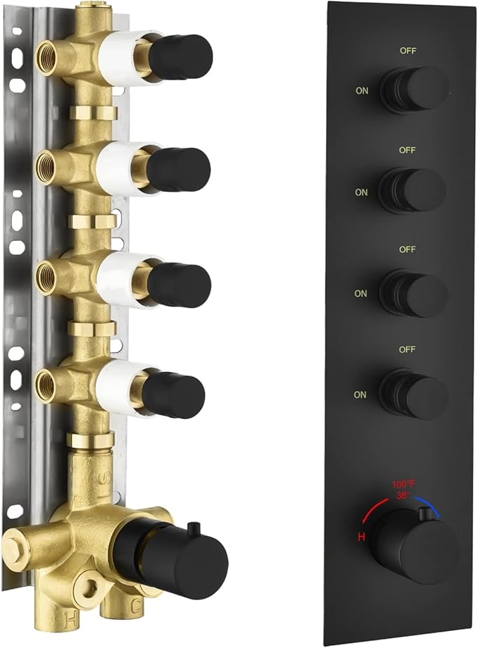 Brass Matte Black 4-Way Thermostatic Shower Diverter Valve - 4 Function Mixer with Individual On/Off Flow Control for Shower Arm & Kit
