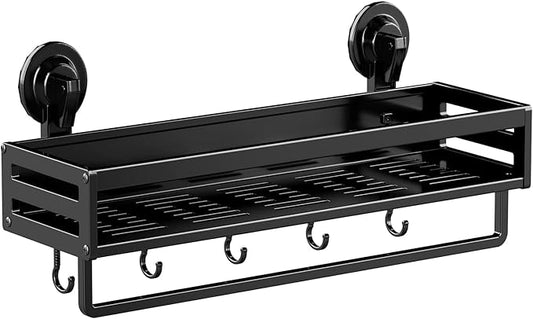 Shower Caddy Suction Cup, 11.8 inch Suction Shower Shelf with Hooks NO-Drilling Bathroom Holder, Rustproof Bathroom Organizer, Black