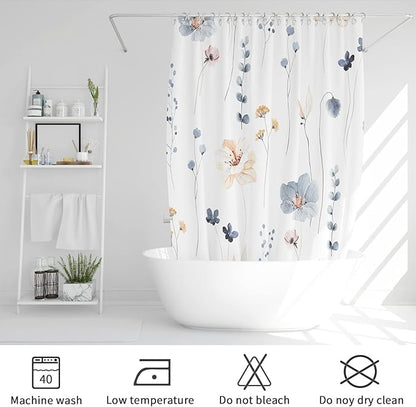 Gibelle Long Shower Curtain 72 x 78, Watercolor Floral Fabric Shower Curtain, Blue Beige Flower Decorative Bathroom Shower Curtain Set