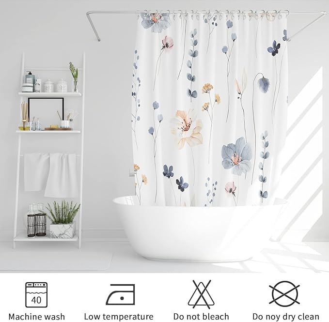 Gibelle Small Stall Shower Curtain 36 x 72, Narrow Half Watercolor Floral Fabric Shower Curtain, Blue Beige Flower Decorative Bathroom Shower Curtain Set