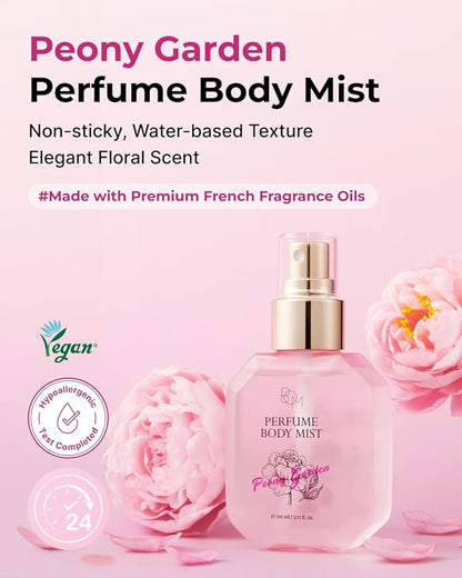 BOM Peony Garden Perfume Body Mist 3.71 Fl Oz, Floral Scented Fine Mist with Hyaluronic Acid, Niacinamide & Vitamin C, Hydrating, Lightweight Body Perfume, Long-Lasting Fragrance, Korean Skincare