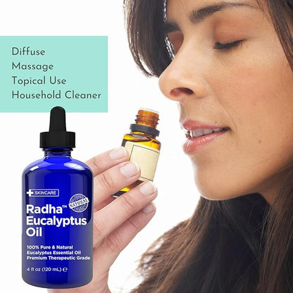 Radha Beauty Eucalyptus Essential Oil 4 oz - 100% Pure & Therapeutic Grade, Steam Distilled for Aromatherapy, Relaxation, Shower, Sauna, Bath, Steam Room and Other DIY Projects.